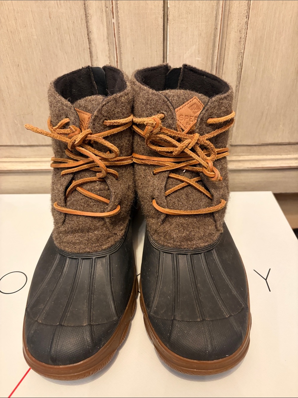 Sperry Brown Wool Upper Black Rubber Duck Boots with Tan Laces